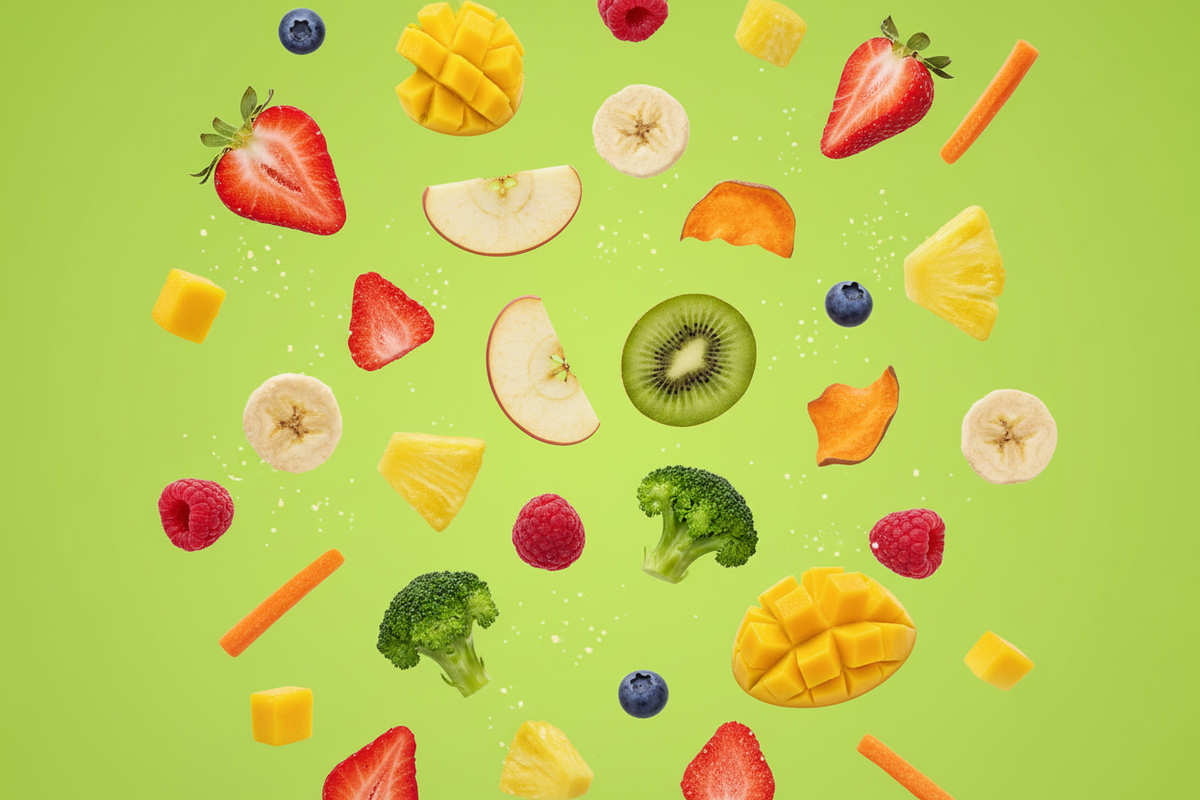 Variety of Fruits and Vegetables on Green Background